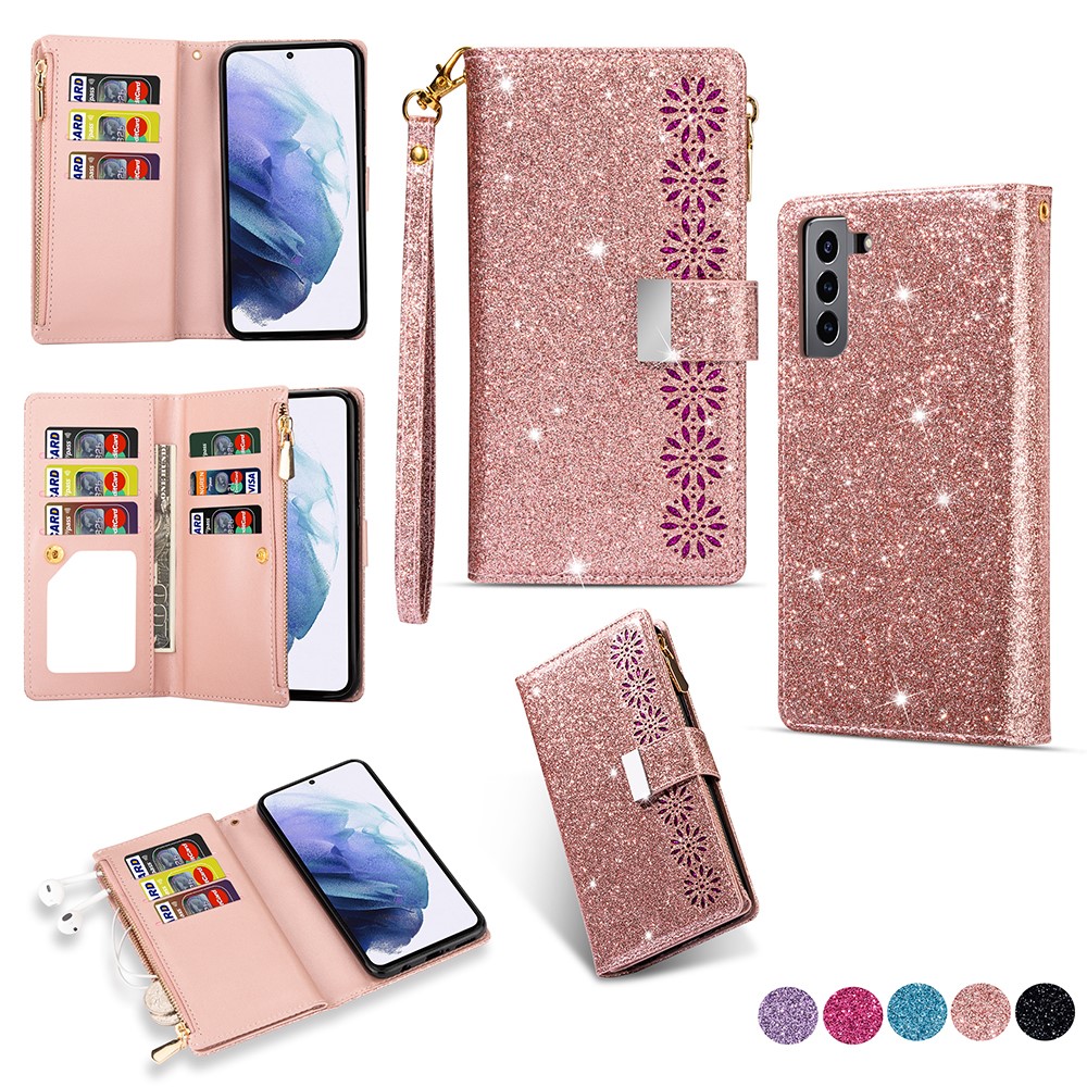Glittery Starry Style Laser Carving Leather Stand Cover with Lanyard for Samsung Galaxy S21+5G - Rose Gold-1