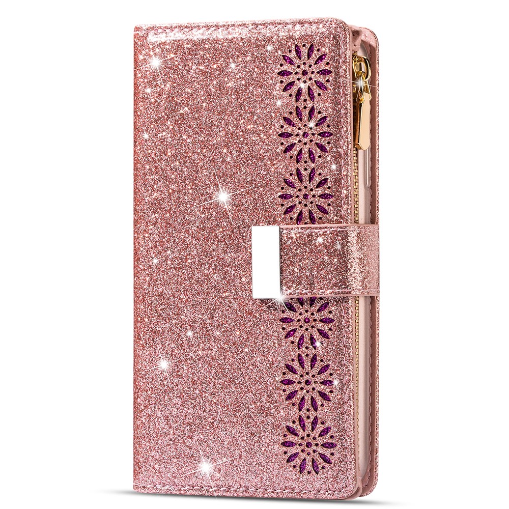 Glittery Starry Style Laser Carving Leather Stand Cover with Lanyard for Samsung Galaxy S21+5G - Rose Gold-2