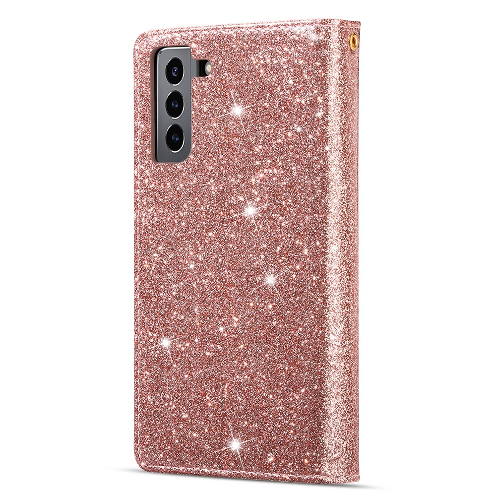 Glittery Starry Style Laser Carving Leather Stand Cover with Lanyard for Samsung Galaxy S21+5G - Rose Gold-3