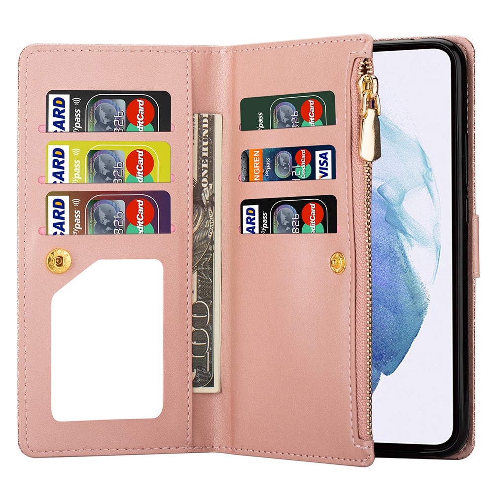 Glittery Starry Style Laser Carving Leather Stand Cover with Lanyard for Samsung Galaxy S21+5G - Rose Gold-6