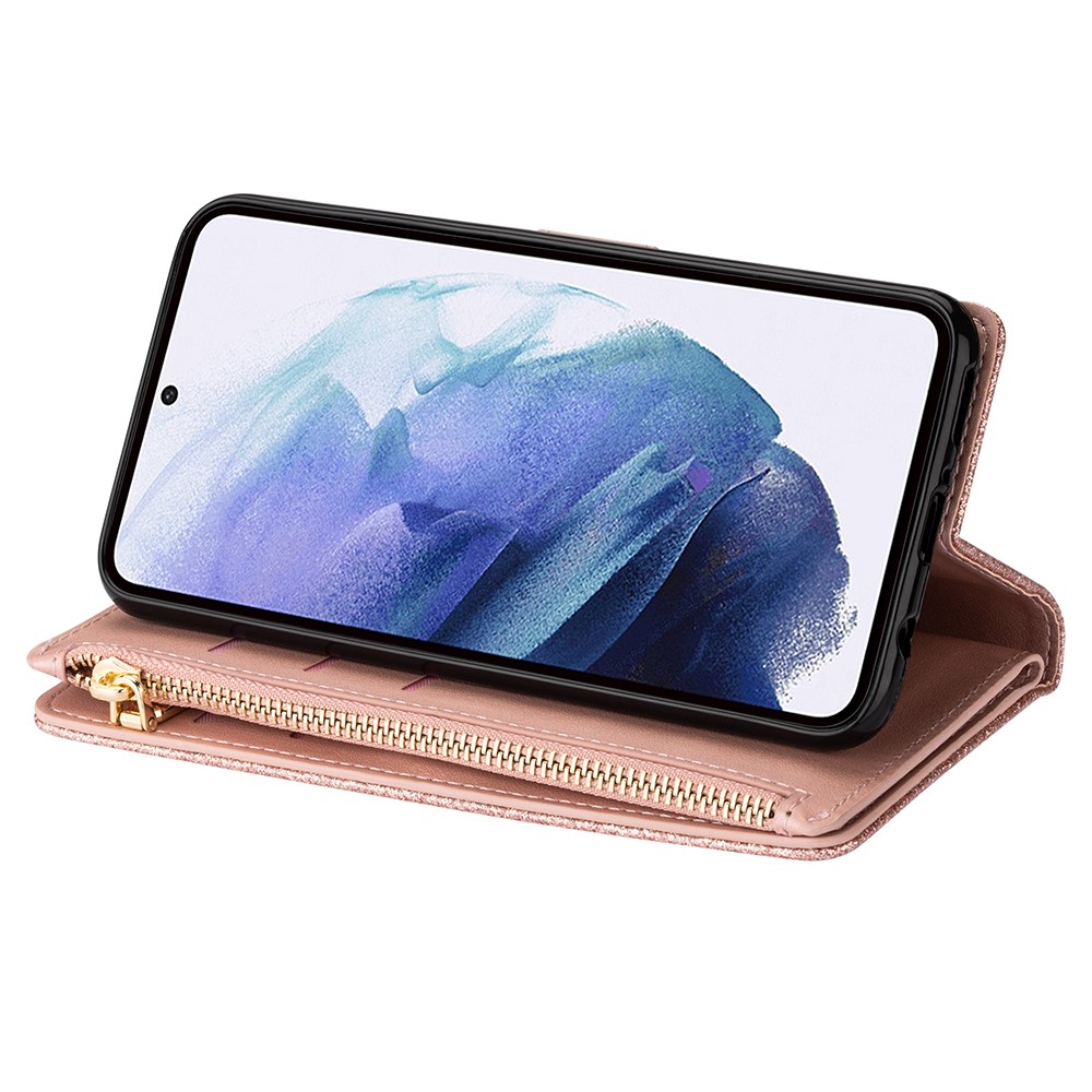 Glittery Starry Style Laser Carving Leather Stand Cover with Lanyard for Samsung Galaxy S21+5G - Rose Gold-7