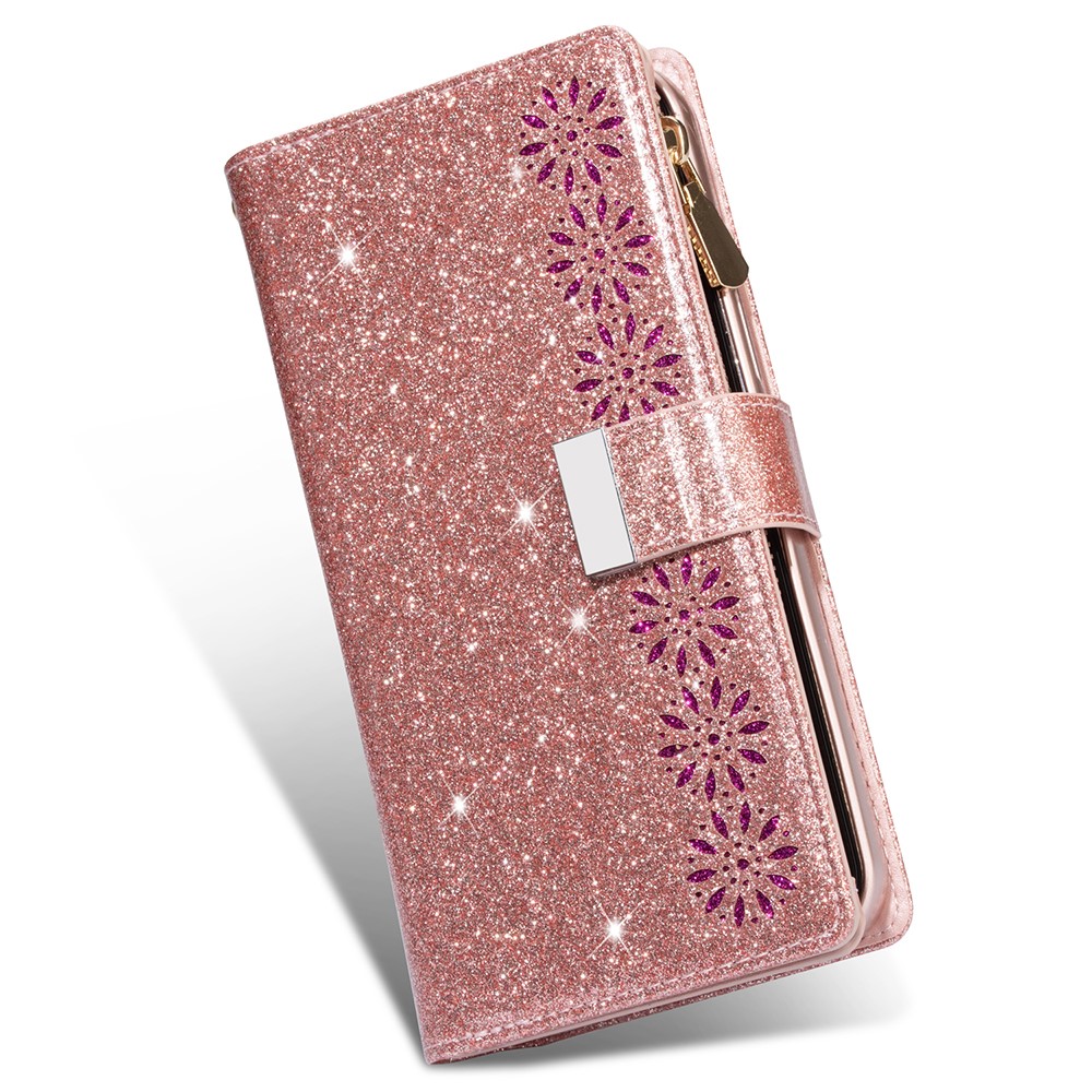 Glittery Starry Style Laser Carving Leather Stand Cover with Lanyard for Samsung Galaxy S21+5G - Rose Gold-8