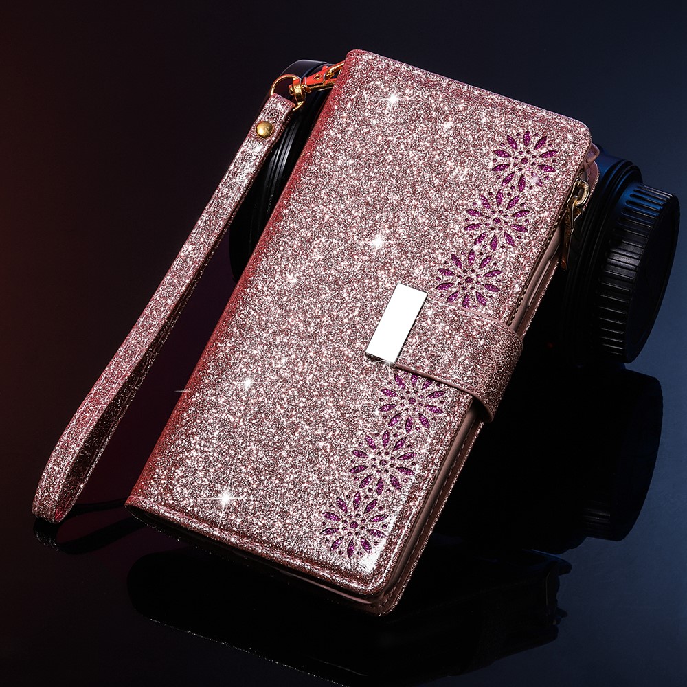 Glittery Starry Style Laser Carving Leather Stand Cover with Lanyard for Samsung Galaxy S21+5G - Rose Gold-9