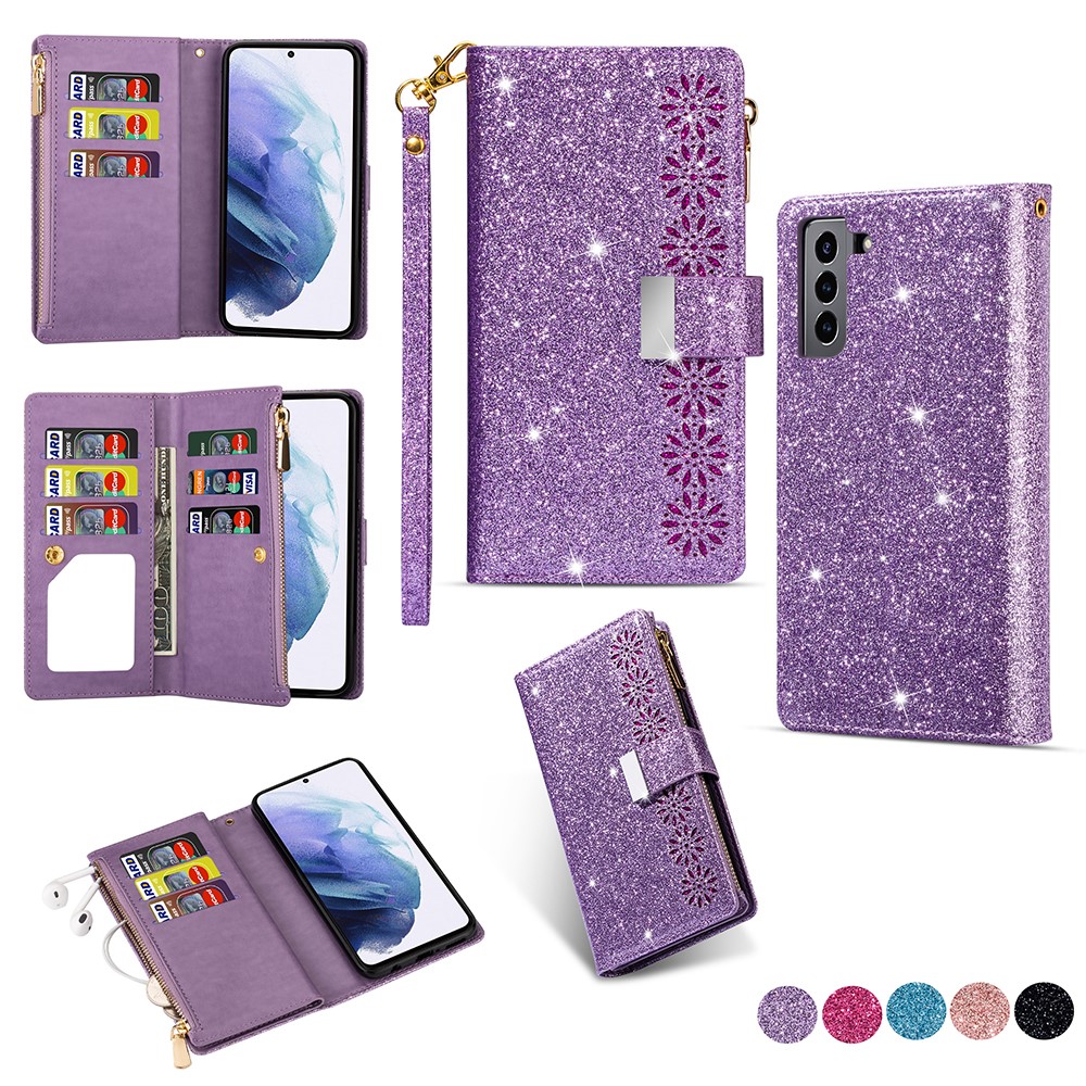 Glittery Starry Style Laser Carving Leather Stand Cover with Lanyard for Samsung Galaxy S21+5G- Purple-1