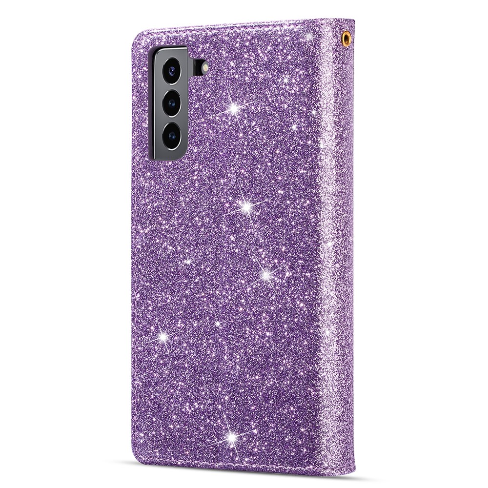Glittery Starry Style Laser Carving Leather Stand Cover with Lanyard for Samsung Galaxy S21+5G- Purple-3