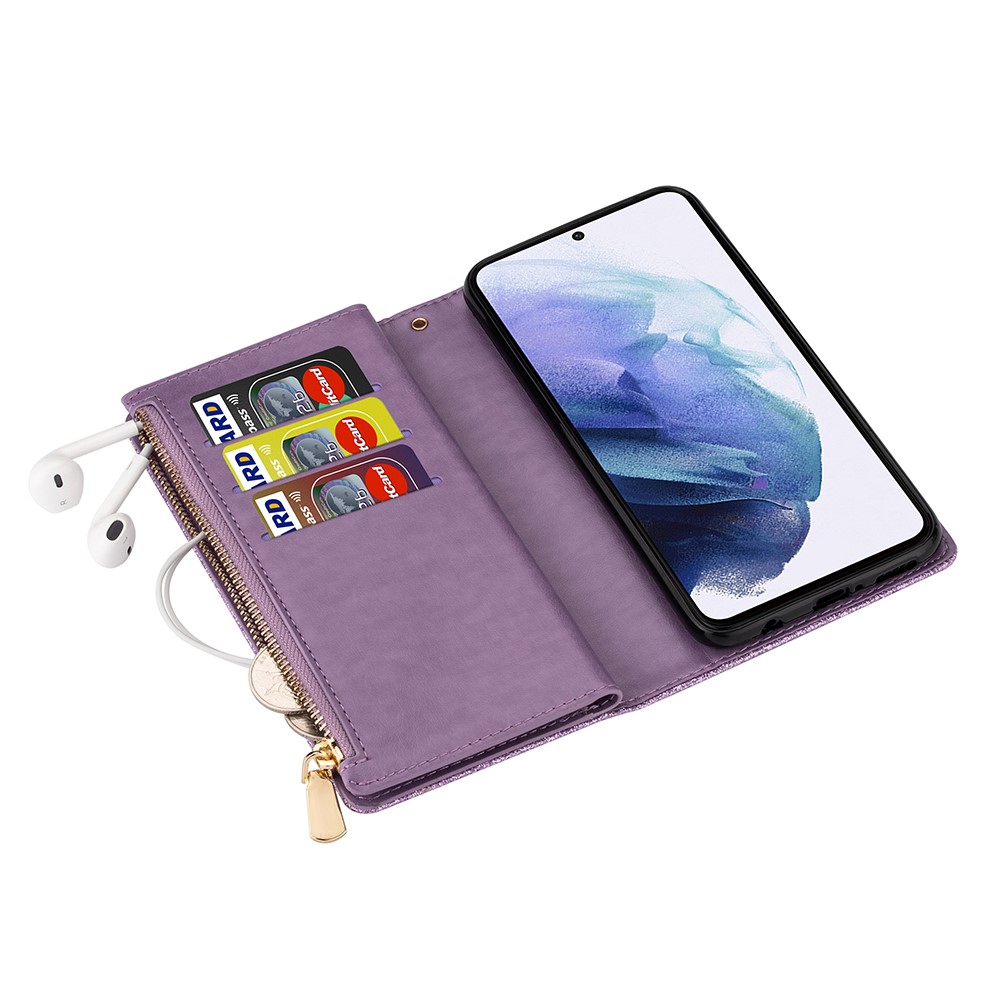 Glittery Starry Style Laser Carving Leather Stand Cover with Lanyard for Samsung Galaxy S21+5G- Purple-4