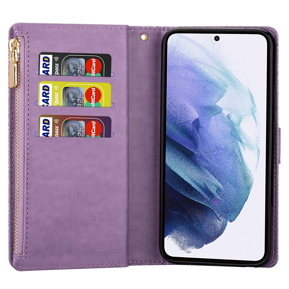 Glittery Starry Style Laser Carving Leather Stand Cover with Lanyard for Samsung Galaxy S21+5G- Purple-5