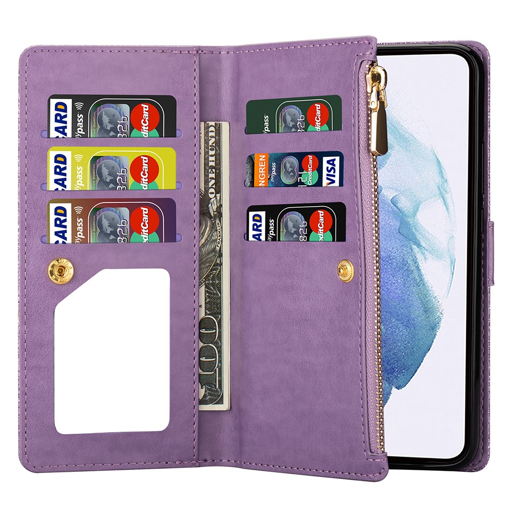 Glittery Starry Style Laser Carving Leather Stand Cover with Lanyard for Samsung Galaxy S21+5G- Purple-6