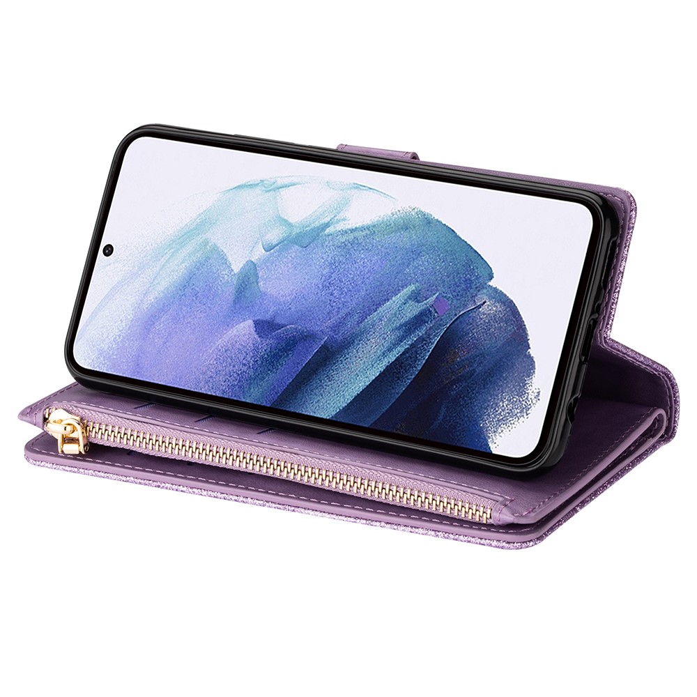 Glittery Starry Style Laser Carving Leather Stand Cover with Lanyard for Samsung Galaxy S21+5G- Purple-7