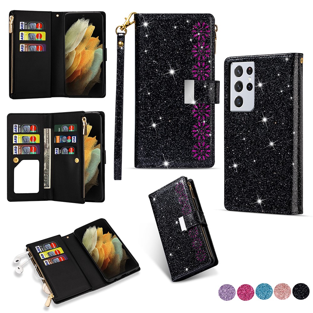 Glittery Starry Style Laser Carving Leather Cell Phone Cover with Strap for Samsung Galaxy S21 Ultra 5G - Black-1