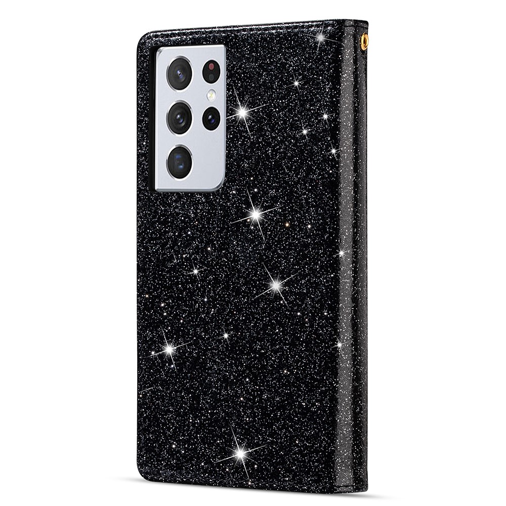 Glittery Starry Style Laser Carving Leather Cell Phone Cover with Strap for Samsung Galaxy S21 Ultra 5G - Black-3