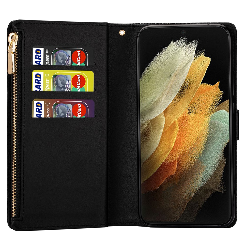 Glittery Starry Style Laser Carving Leather Cell Phone Cover with Strap for Samsung Galaxy S21 Ultra 5G - Black-6