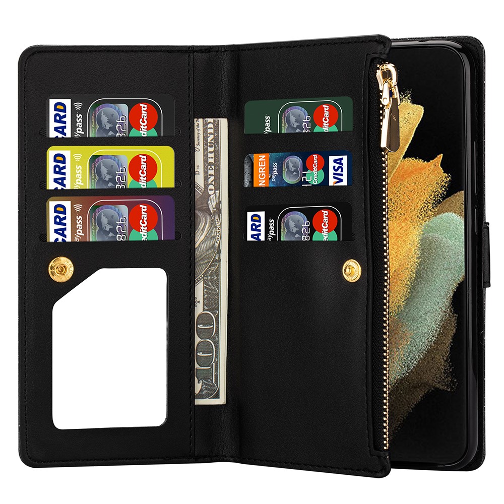 Glittery Starry Style Laser Carving Leather Cell Phone Cover with Strap for Samsung Galaxy S21 Ultra 5G - Black-7