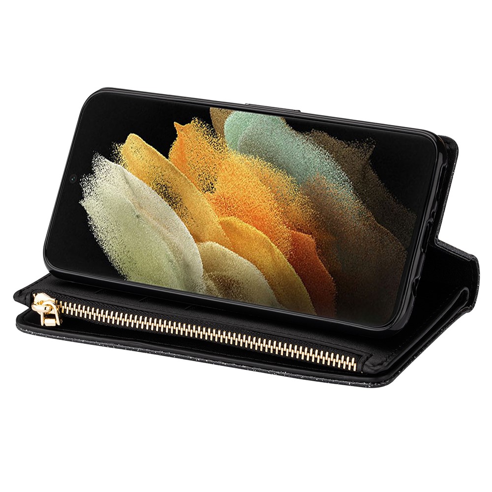 Glittery Starry Style Laser Carving Leather Cell Phone Cover with Strap for Samsung Galaxy S21 Ultra 5G - Black-8