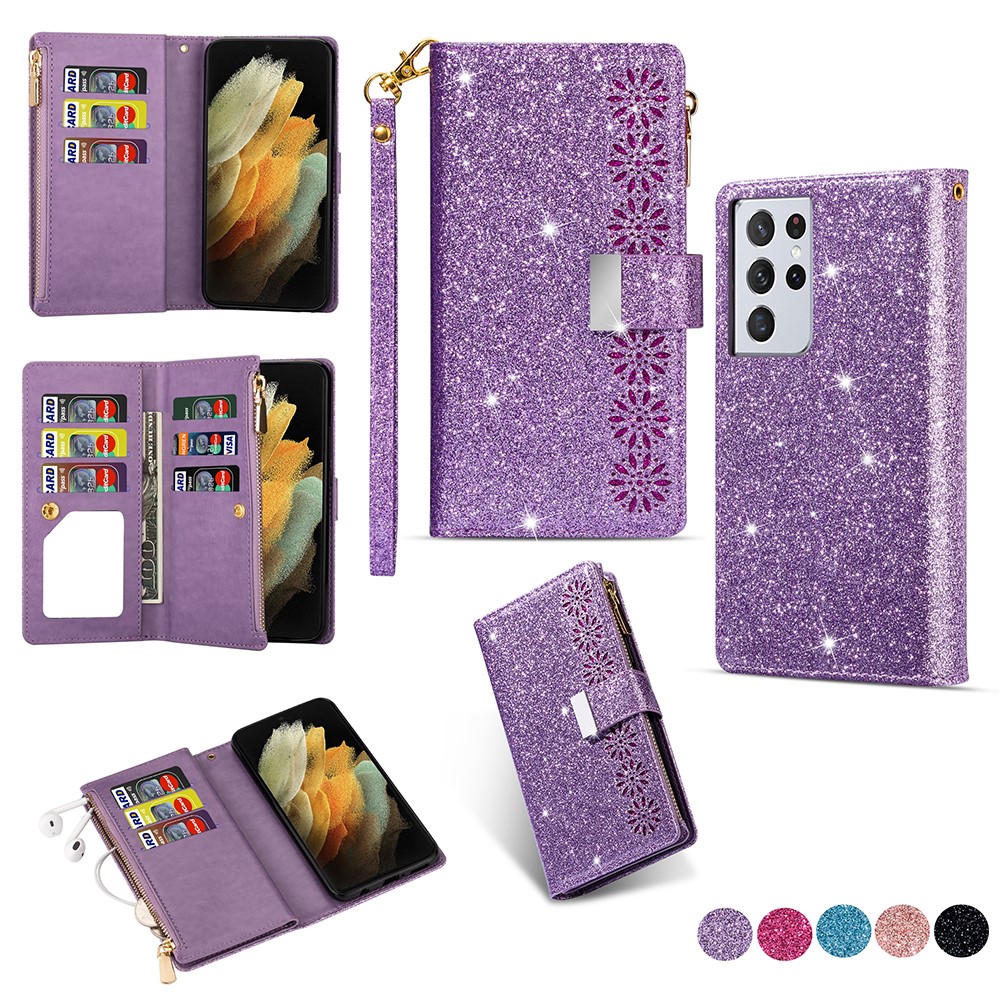 Glittery Starry Style Laser Carving Leather Cell Phone Cover with Strap for Samsung Galaxy S21 Ultra 5G - Purple-1