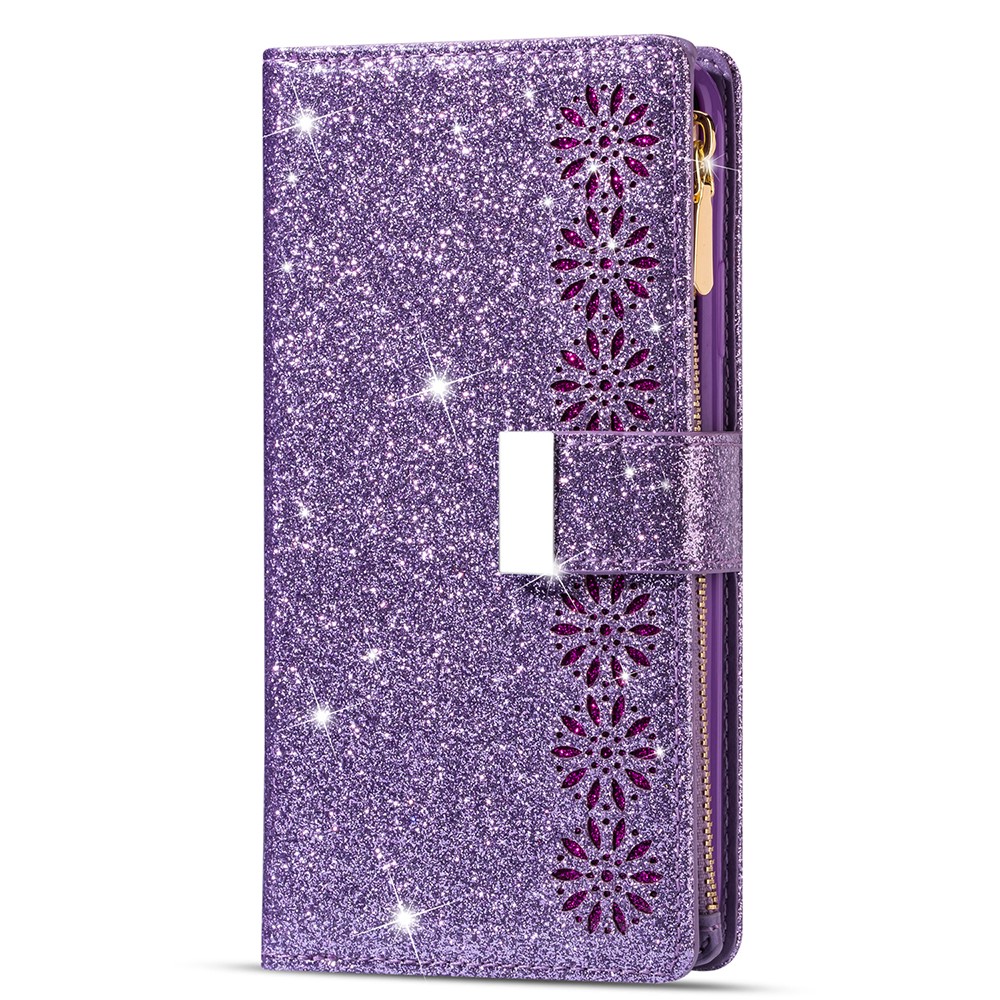 Glittery Starry Style Laser Carving Leather Cell Phone Cover with Strap for Samsung Galaxy S21 Ultra 5G - Purple-2