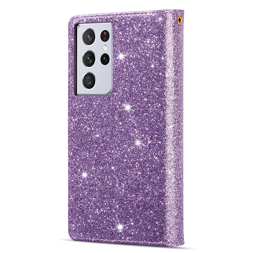Glittery Starry Style Laser Carving Leather Cell Phone Cover with Strap for Samsung Galaxy S21 Ultra 5G - Purple-3