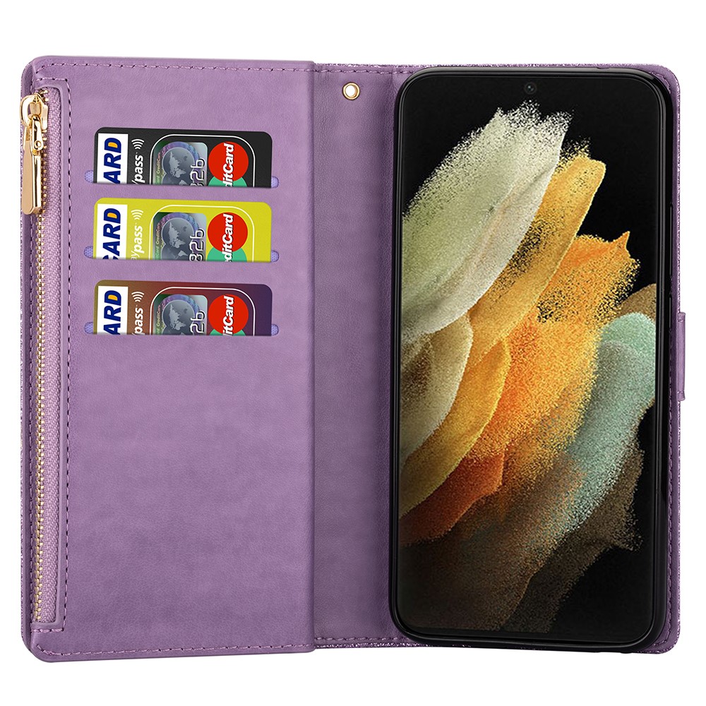 Glittery Starry Style Laser Carving Leather Cell Phone Cover with Strap for Samsung Galaxy S21 Ultra 5G - Purple-5
