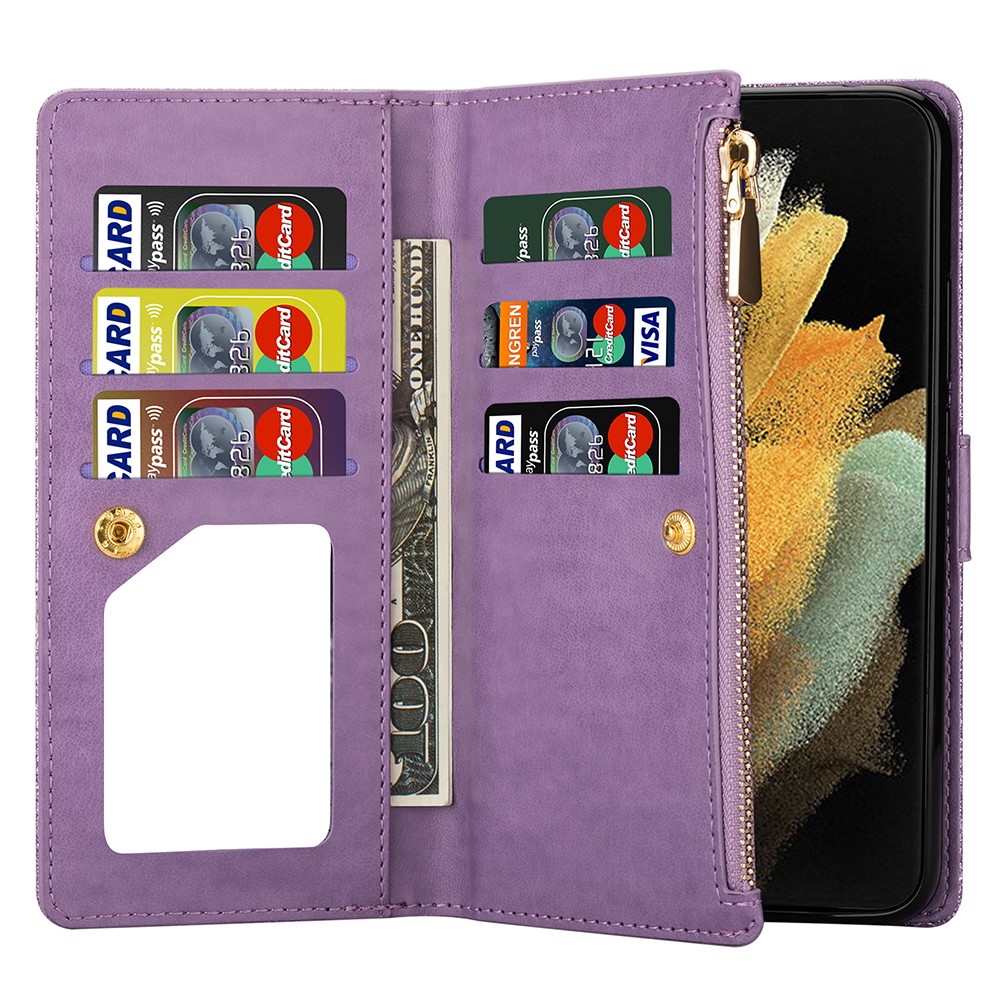Glittery Starry Style Laser Carving Leather Cell Phone Cover with Strap for Samsung Galaxy S21 Ultra 5G - Purple-6
