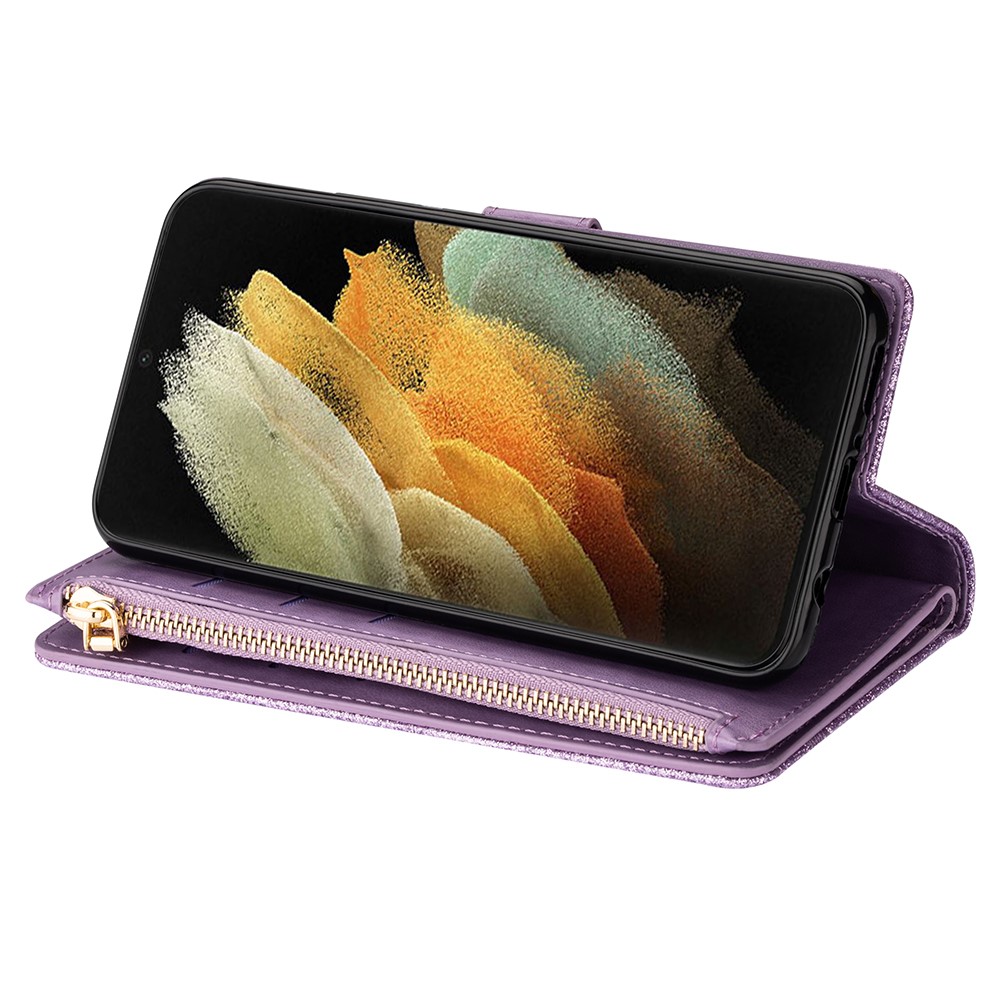 Glittery Starry Style Laser Carving Leather Cell Phone Cover with Strap for Samsung Galaxy S21 Ultra 5G - Purple-7