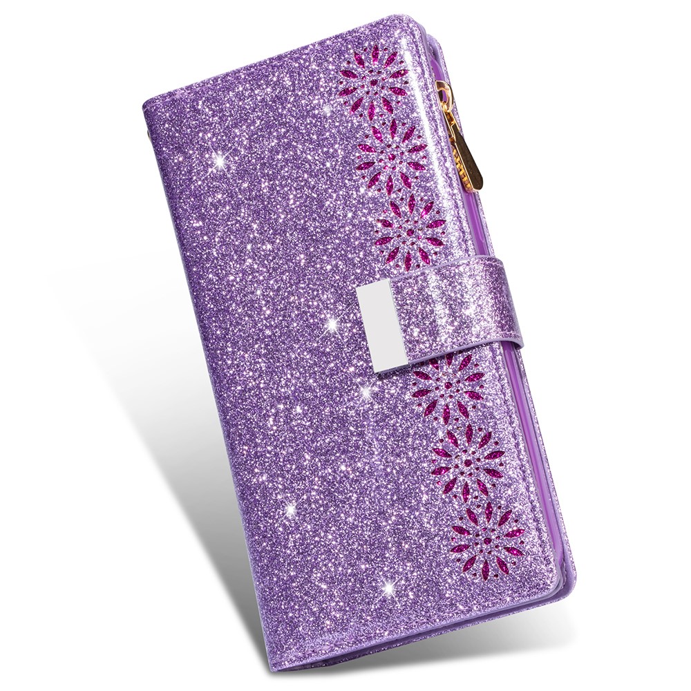 Glittery Starry Style Laser Carving Leather Cell Phone Cover with Strap for Samsung Galaxy S21 Ultra 5G - Purple-8