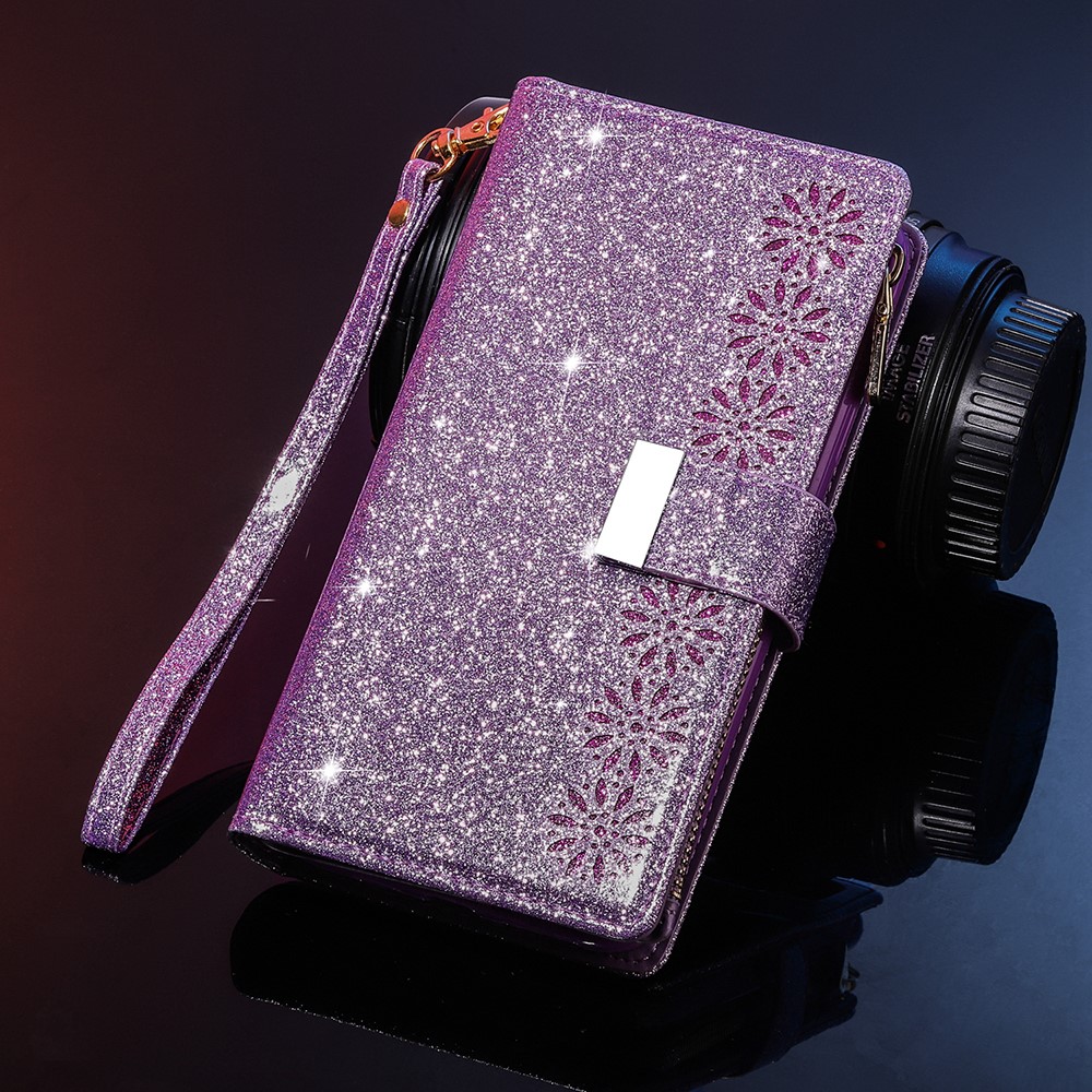 Glittery Starry Style Laser Carving Leather Cell Phone Cover with Strap for Samsung Galaxy S21 Ultra 5G - Purple-9