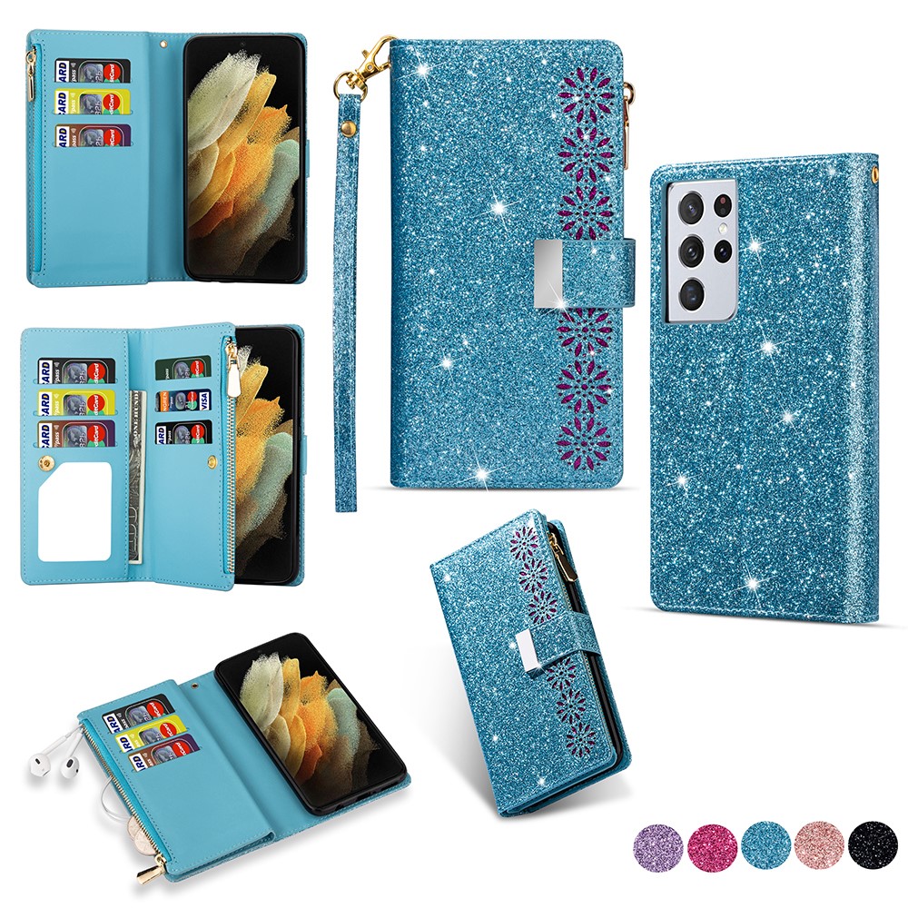 Glittery Starry Style Laser Carving Leather Cell Phone Cover with Strap for Samsung Galaxy S21 Ultra 5G - Blue-1