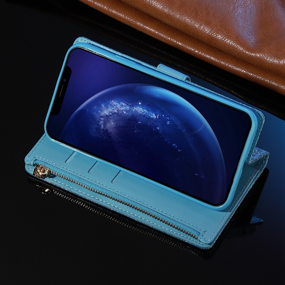 Glittery Starry Style Laser Carving Leather Cell Phone Cover with Strap for Samsung Galaxy S21 Ultra 5G - Blue-10