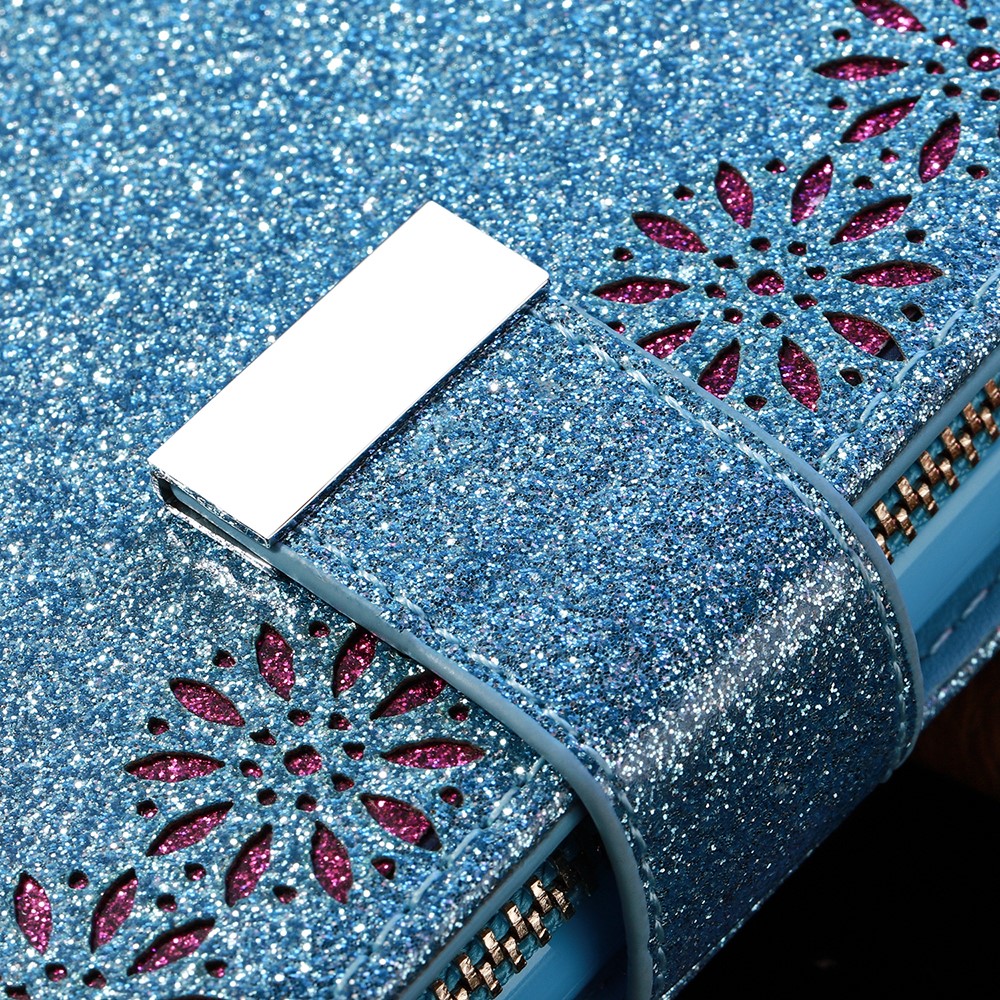Glittery Starry Style Laser Carving Leather Cell Phone Cover with Strap for Samsung Galaxy S21 Ultra 5G - Blue-11