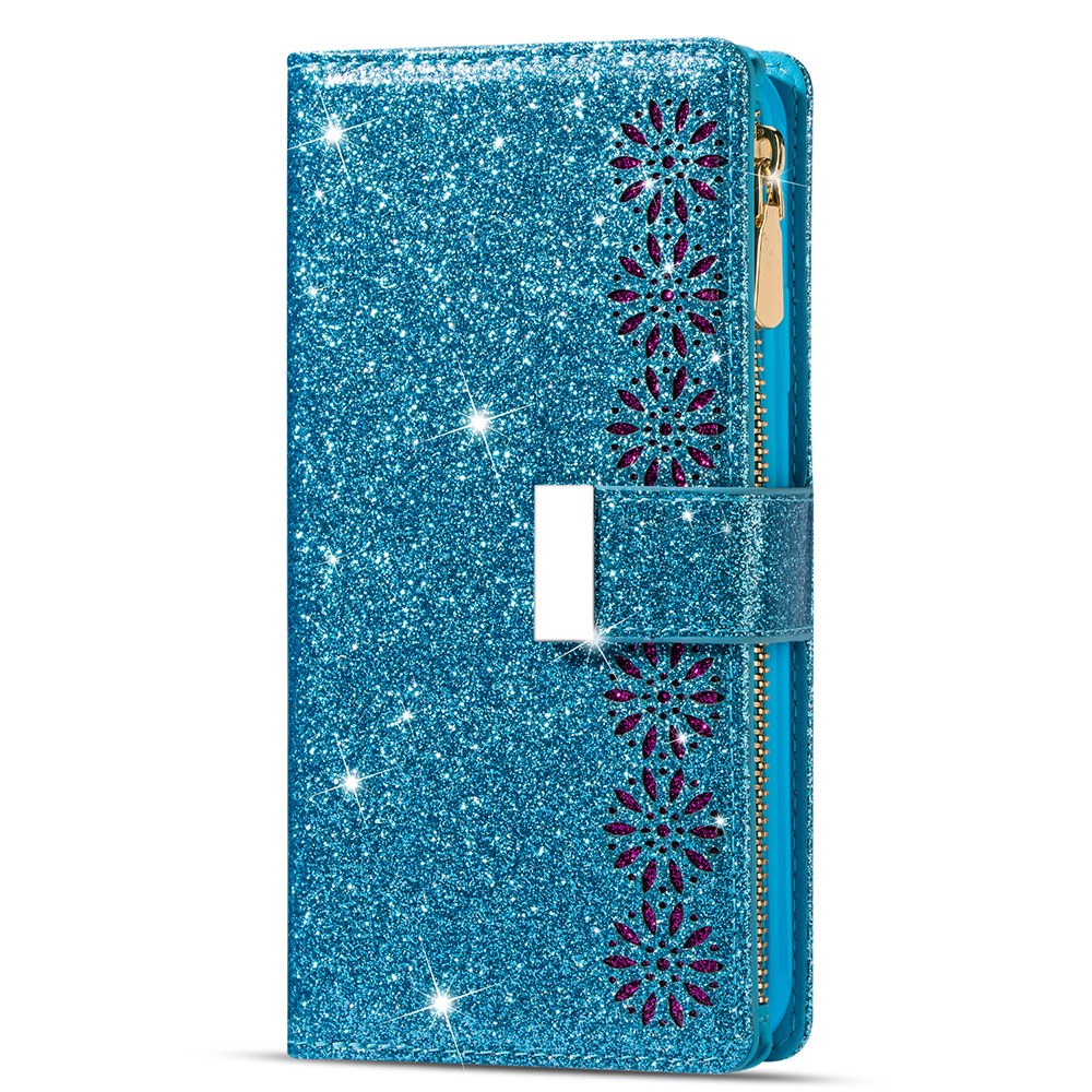 Glittery Starry Style Laser Carving Leather Cell Phone Cover with Strap for Samsung Galaxy S21 Ultra 5G - Blue-2