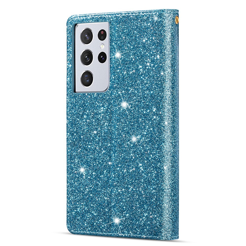 Glittery Starry Style Laser Carving Leather Cell Phone Cover with Strap for Samsung Galaxy S21 Ultra 5G - Blue-3