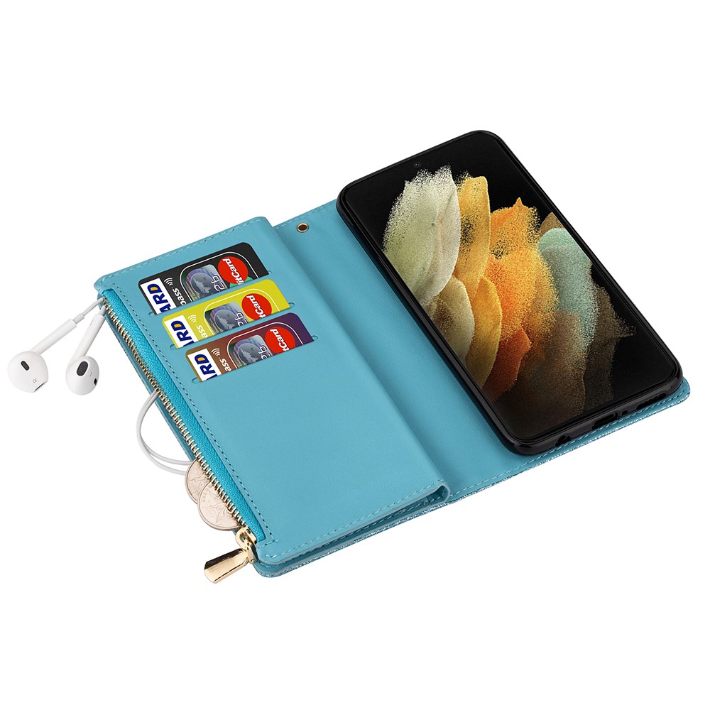 Glittery Starry Style Laser Carving Leather Cell Phone Cover with Strap for Samsung Galaxy S21 Ultra 5G - Blue-4