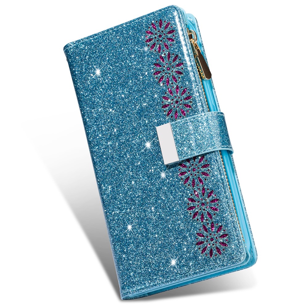 Glittery Starry Style Laser Carving Leather Cell Phone Cover with Strap for Samsung Galaxy S21 Ultra 5G - Blue-5