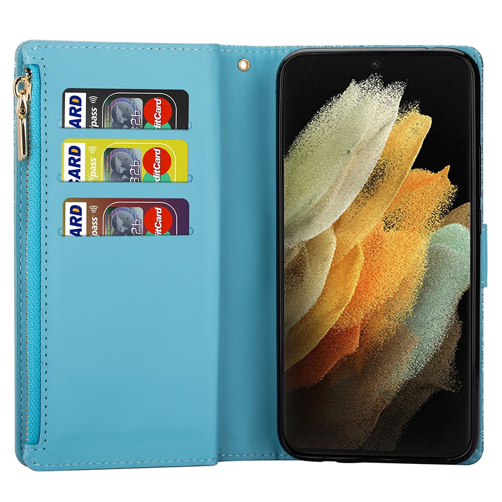 Glittery Starry Style Laser Carving Leather Cell Phone Cover with Strap for Samsung Galaxy S21 Ultra 5G - Blue-6