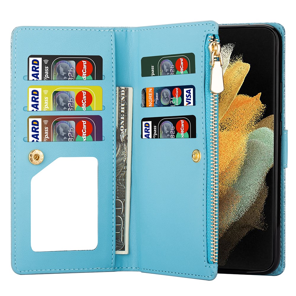 Glittery Starry Style Laser Carving Leather Cell Phone Cover with Strap for Samsung Galaxy S21 Ultra 5G - Blue-7