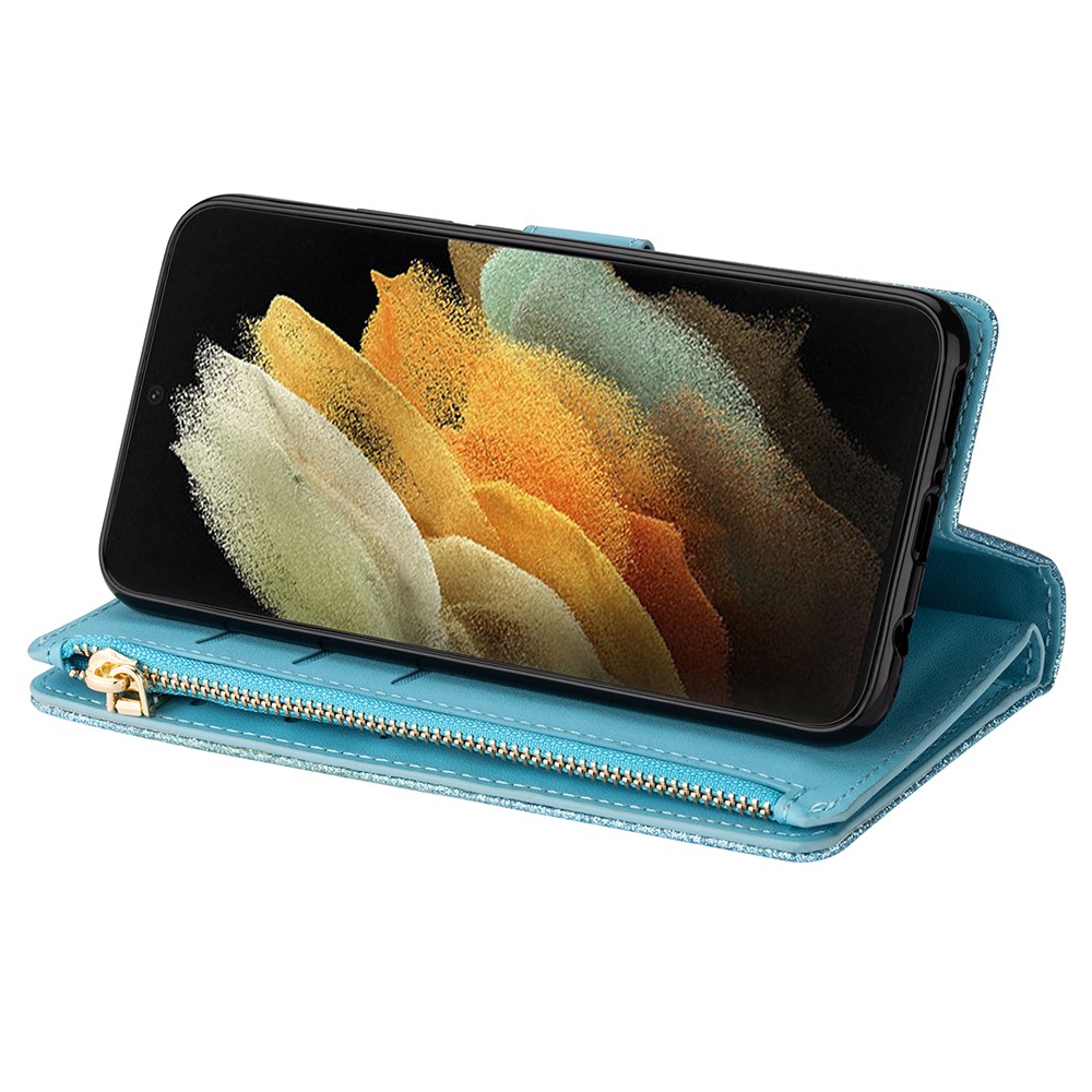 Glittery Starry Style Laser Carving Leather Cell Phone Cover with Strap for Samsung Galaxy S21 Ultra 5G - Blue-8