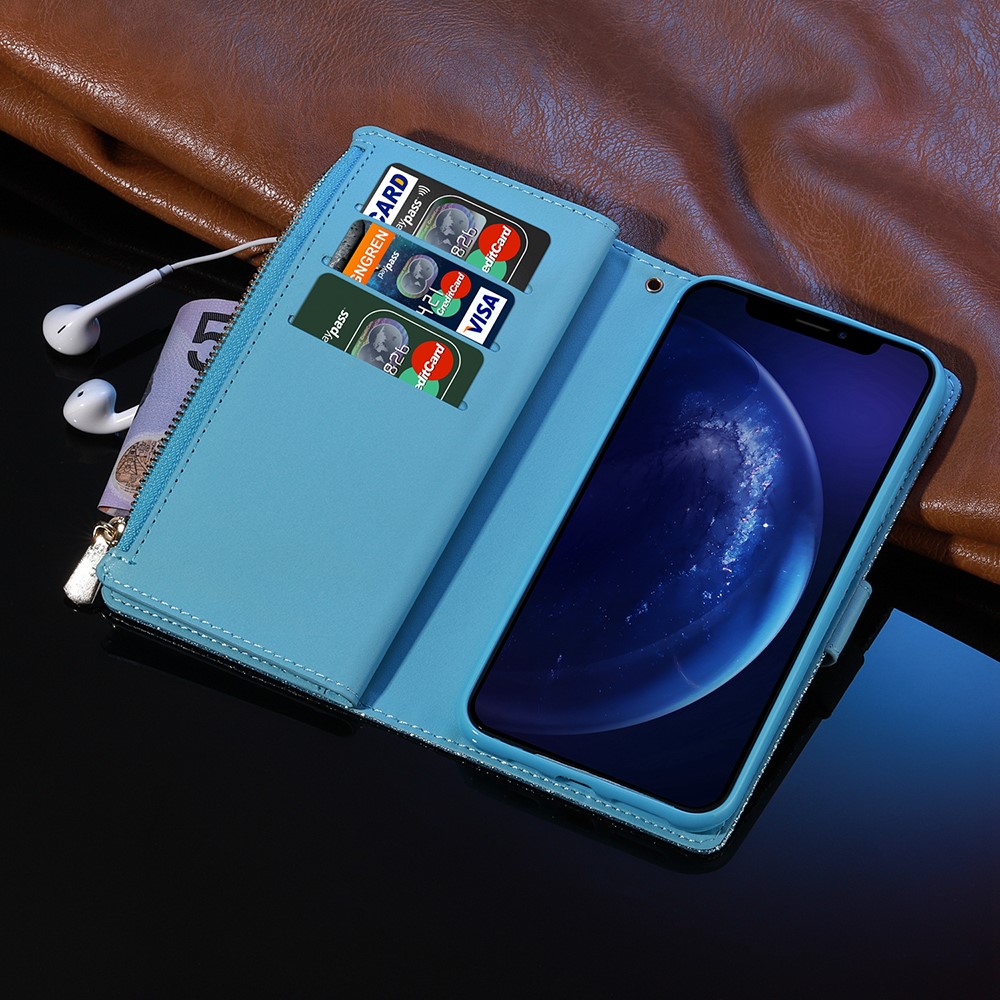 Glittery Starry Style Laser Carving Leather Cell Phone Cover with Strap for Samsung Galaxy S21 Ultra 5G - Blue-9