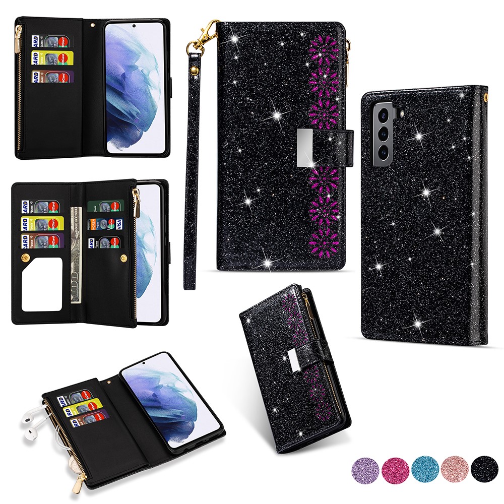 Glittery Starry Style Laser Carving Zipper Leather Case with Lanyard for Samsung Galaxy S21 5G - Black-1