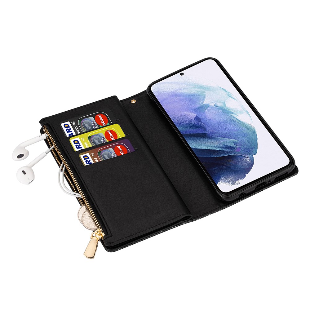 Glittery Starry Style Laser Carving Zipper Leather Case with Lanyard for Samsung Galaxy S21 5G - Black-5