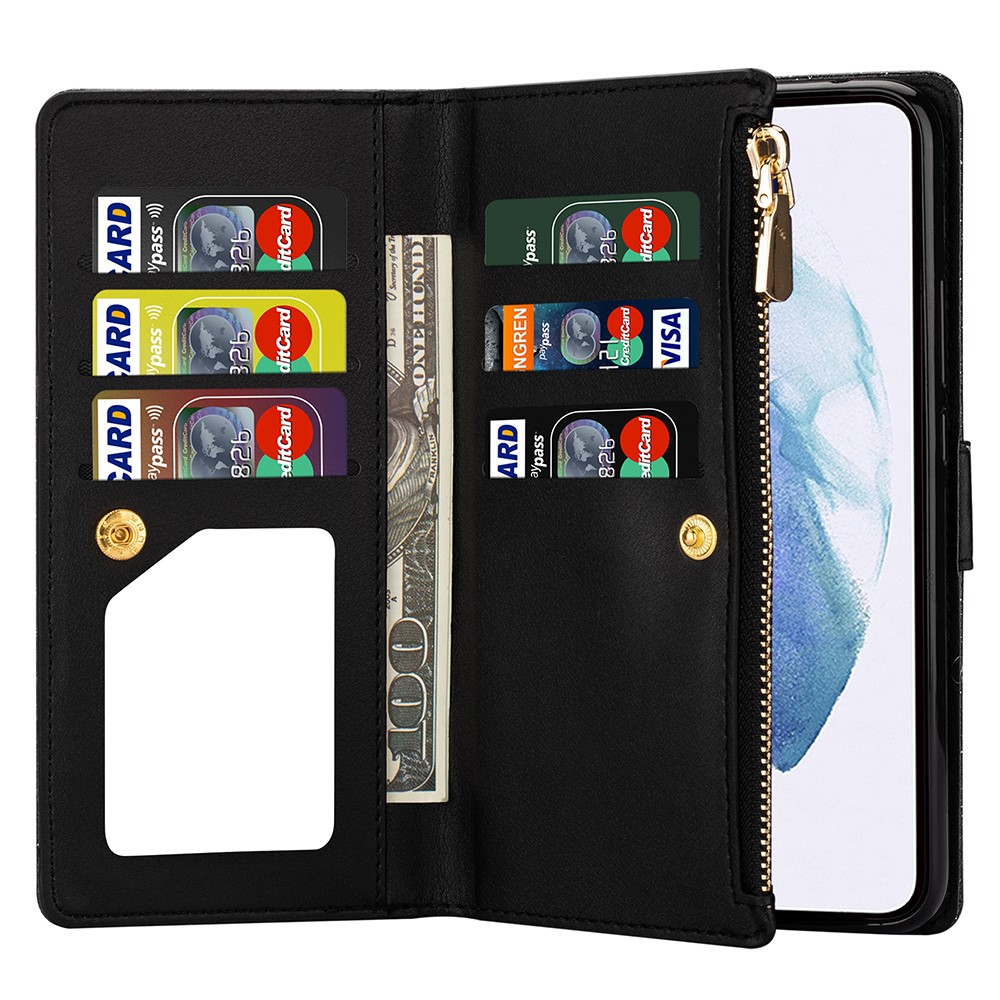 Glittery Starry Style Laser Carving Zipper Leather Case with Lanyard for Samsung Galaxy S21 5G - Black-8
