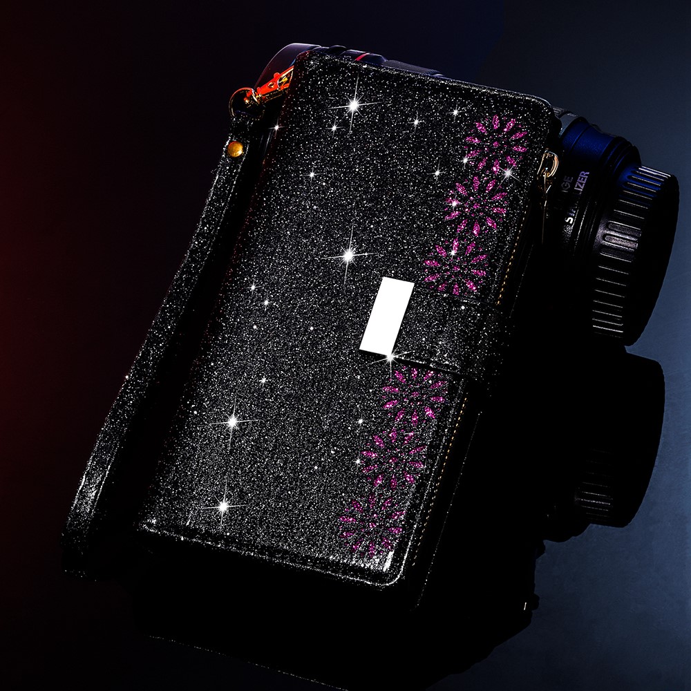 Glittery Starry Style Laser Carving Zipper Leather Case with Lanyard for Samsung Galaxy S21 5G - Black-9