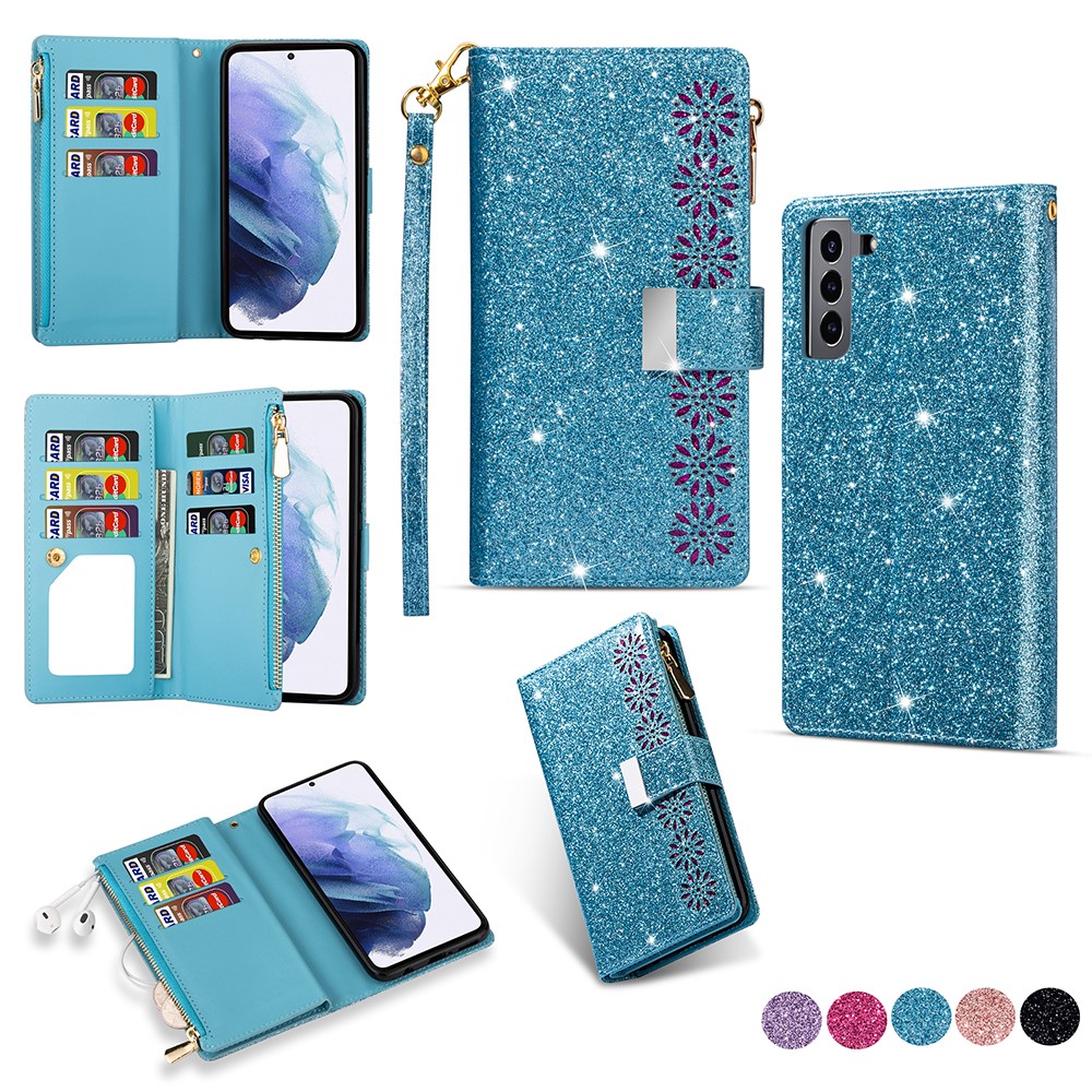 Glittery Starry Style Laser Carving Zipper Leather Case with Lanyard for Samsung Galaxy S21 5G - Blue-1