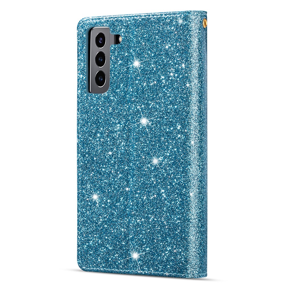 Glittery Starry Style Laser Carving Zipper Leather Case with Lanyard for Samsung Galaxy S21 5G - Blue-3
