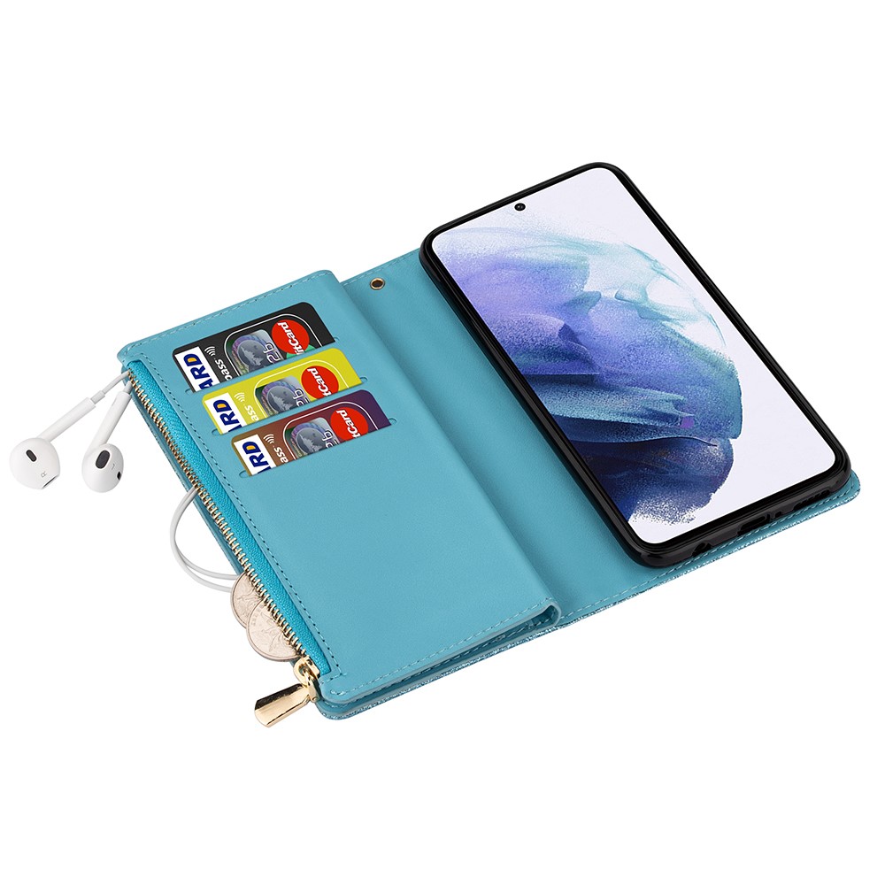 Glittery Starry Style Laser Carving Zipper Leather Case with Lanyard for Samsung Galaxy S21 5G - Blue-4