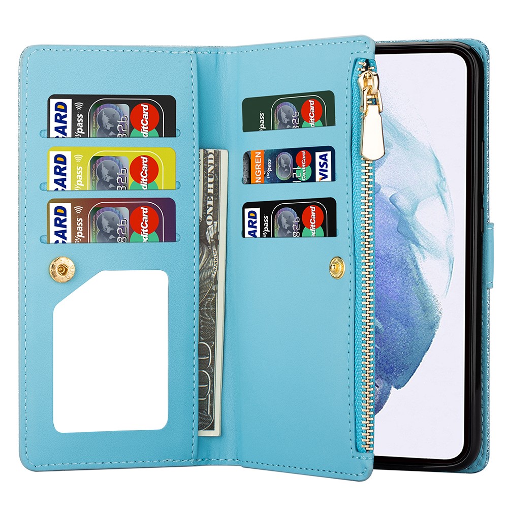 Glittery Starry Style Laser Carving Zipper Leather Case with Lanyard for Samsung Galaxy S21 5G - Blue-7