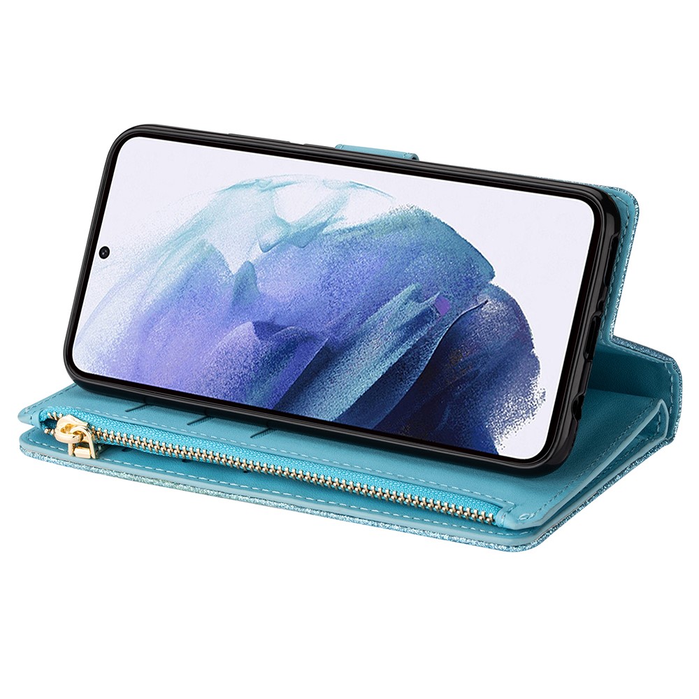 Glittery Starry Style Laser Carving Zipper Leather Case with Lanyard for Samsung Galaxy S21 5G - Blue-8