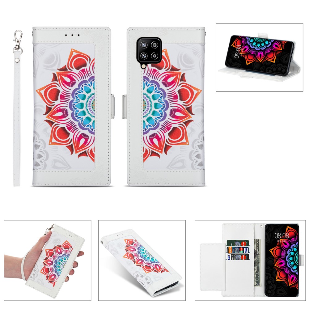 Flower Patterned PU Leather Wallet Stand Shell with Lanyard for Samsung Galaxy A42 5G - White-1