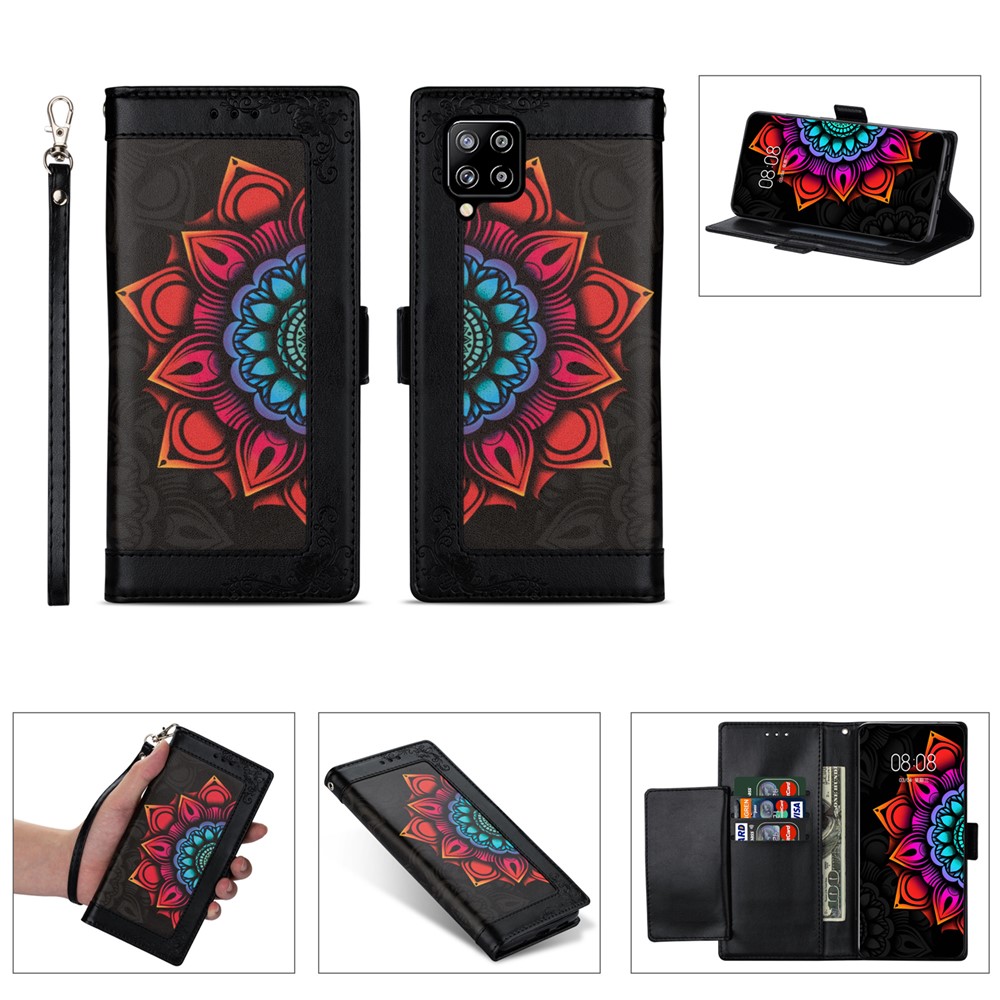 Drop-proof Flower Patterned PU Leather Wallet Stand Shell for Samsung Galaxy A12 - Black-1
