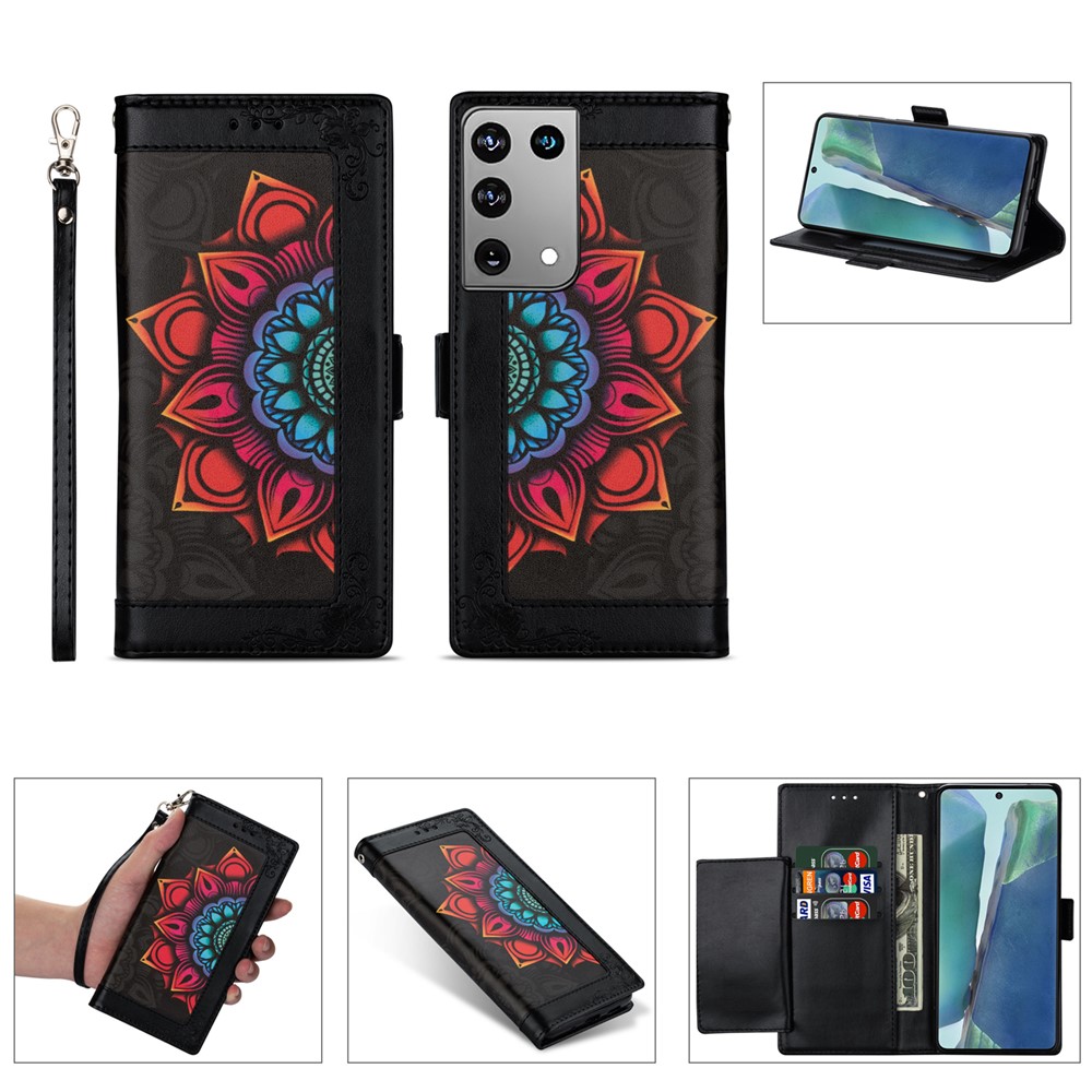 Flower Patterned PU Leather + TPU Wallet Stand Phone Shell for Samsung Galaxy S21 Ultra 5G - Black-1