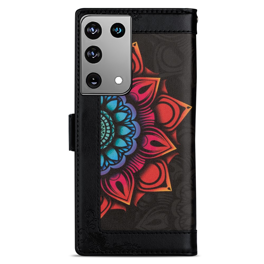 Flower Patterned PU Leather + TPU Wallet Stand Phone Shell for Samsung Galaxy S21 Ultra 5G - Black-7